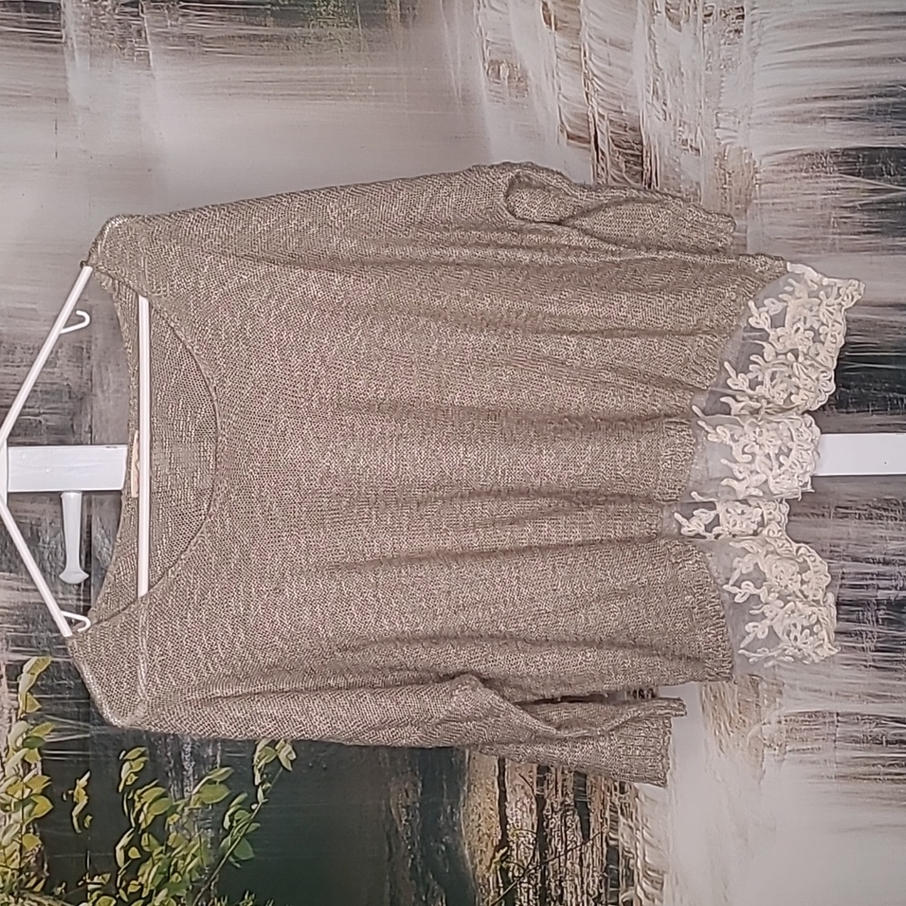 It's Our Time Womens Large tan acrylic knit classy lacy winter sweater